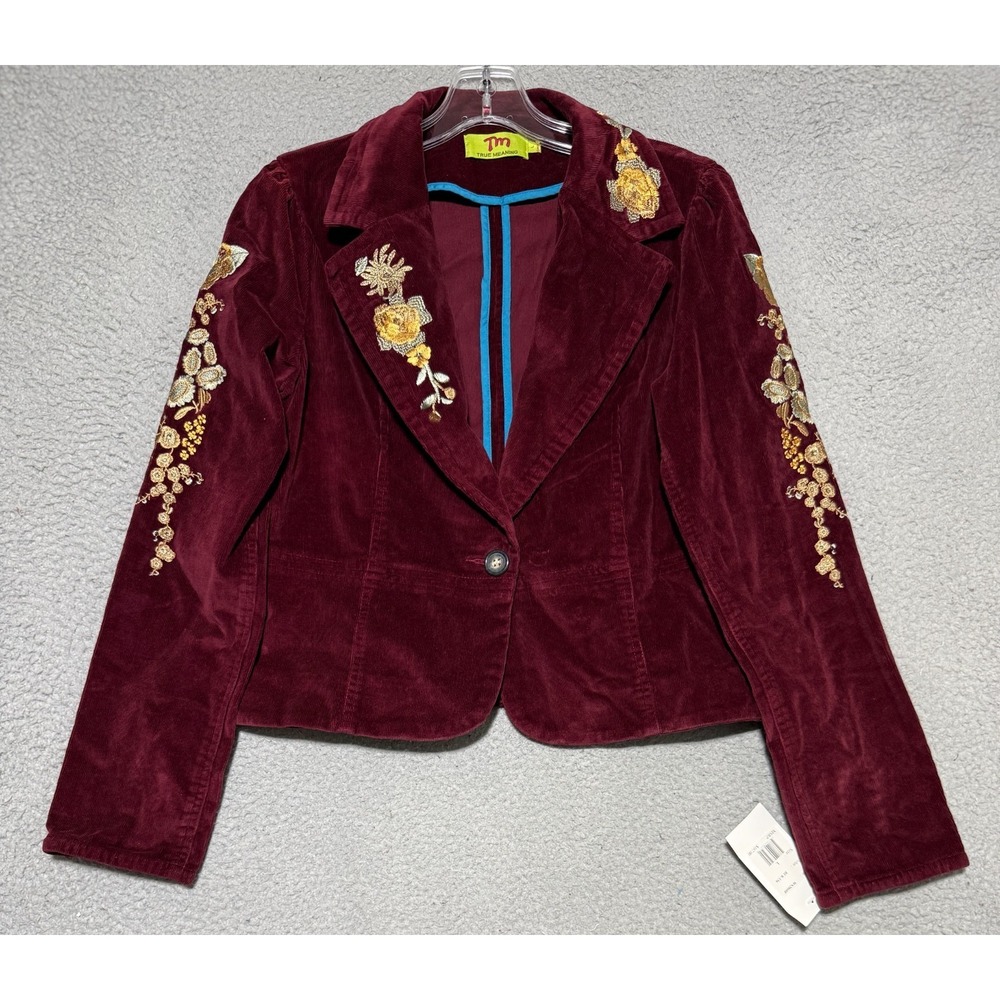 NEW Vintage Y2K TM True Meaning Burgundy Corduroy Floral Embroidered Blazer Sz L